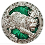 „Colours of  Wildlife. Jaguar" Barbados 5$ 2024 99,9% silver coin with translucent green enamel. 3 oz 